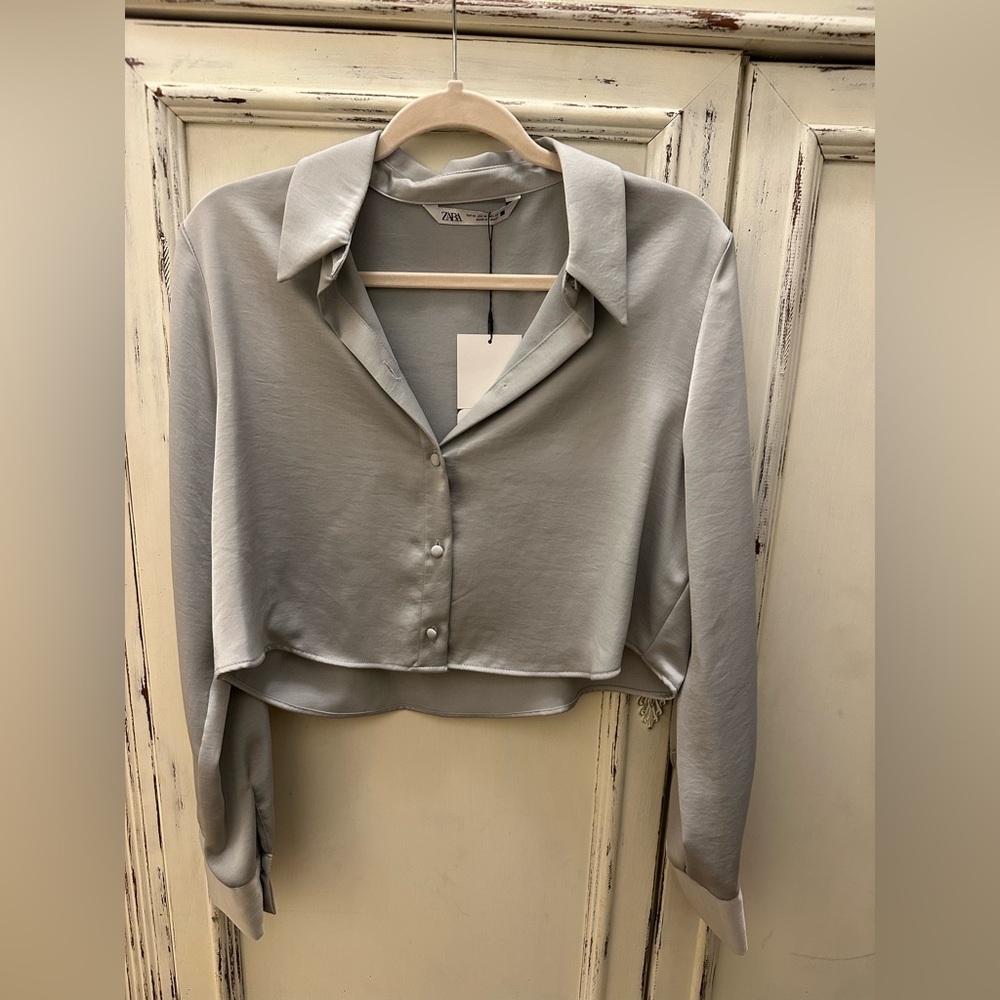 ZARA Satin Grey button down cropped blouse - NWT size M